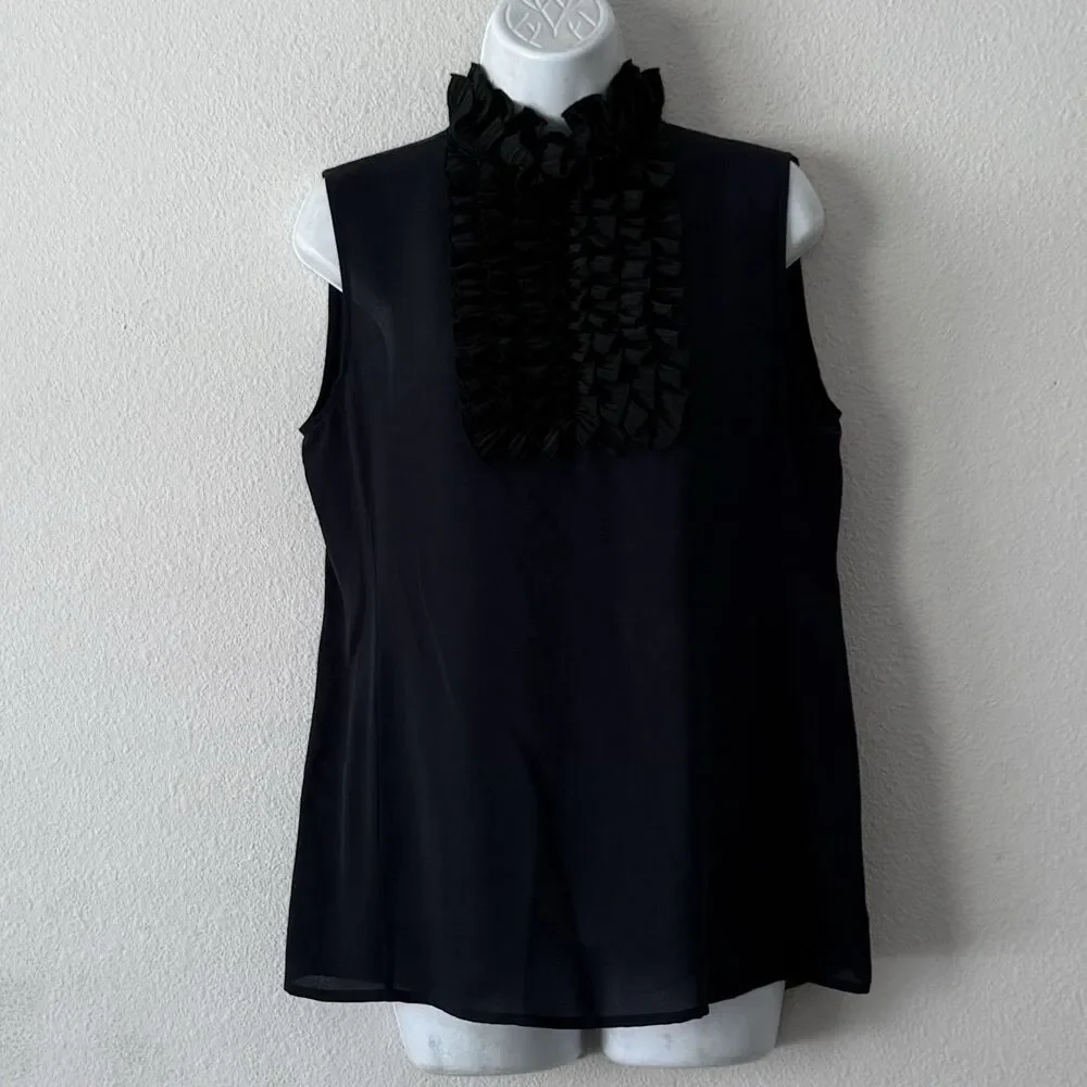 Tory Burch Silk Tuxedo Top Size 8 Dark Blue Ruffle Collar Academia Goth Blouse
